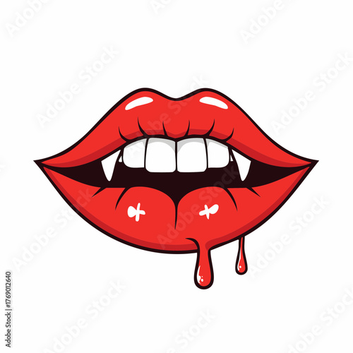 Vector illustration of a vampire's mouth with glossy red lips and dripping blood fangs.