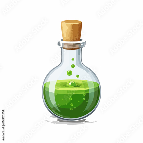 A clear glass bottle with a cork stopper filled with bubbling green liquid.