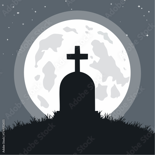 A silhouette of a tombstone with a cross on a grassy hill against a large full moon and starry night sky, depicting a somber cemetery scene.