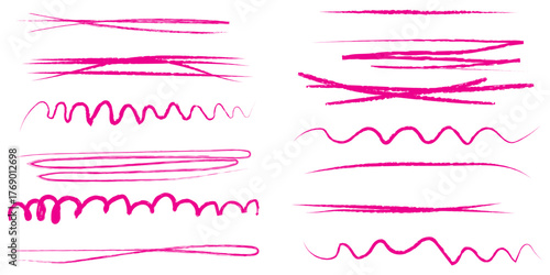 Colorful crayon underline strokes in various styles - straight and wavy, zigzag patterns with textured hand drawn appearance. Vibrant pastel color lines for emphasis or decorative text highlights.