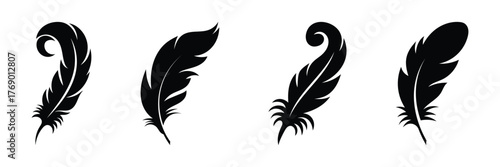 Set of black feather silhouettes. Bird quill pen vector icons collection. Minimalist feather icons for logo design, stationery flat design plume logo elements isolated on white background.