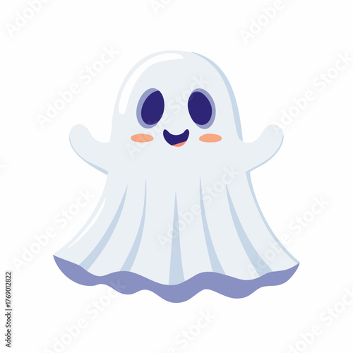 A cute, friendly cartoon ghost with big blue eyes and rosy cheeks, waving its arms.