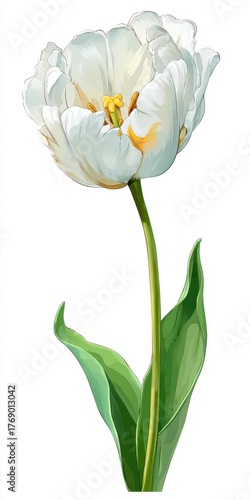 White Tulip Blossom with Green Stem and Yellow Center
