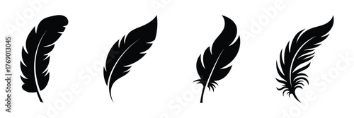 Feather quill icon vector. Set of detailed majestic feather collection. Bird Feather black silhouettes. Plume symbol of lightness. Quill pen for writing, letter, poetry