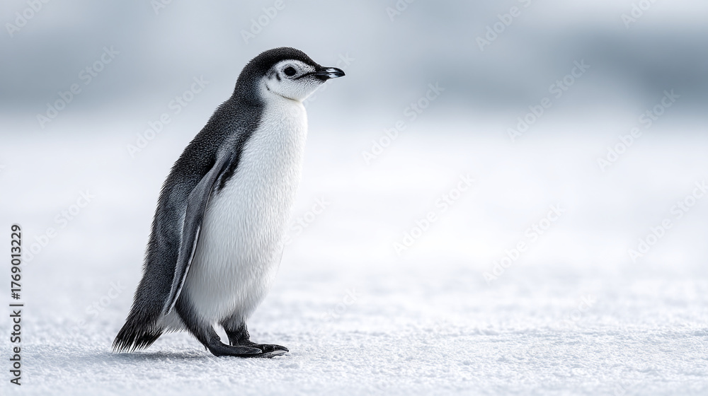 Obraz premium A young penguin standing on a snowy surface looking to the right side