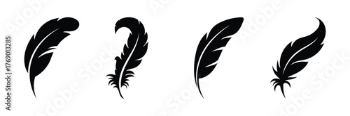 Bird feather icon isolated on a white background. Black abstract feather silhouette collection. Elegance feather element decoration. Vector illustration. EPS 10