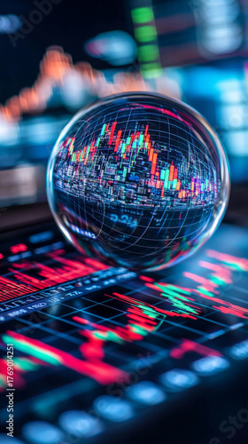 A stock chart spiraling into a semi-transparent floating orb, symbolizing financial growth, market dynamics, and futuristic analytics. A modern, abstract visualization ideal for business and tech conc