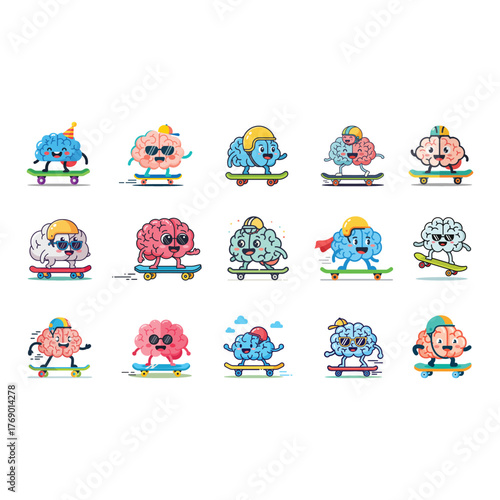 A collection of 15 cartoon brains on skateboards, each with a unique expression and accessories, presented in a grid format.