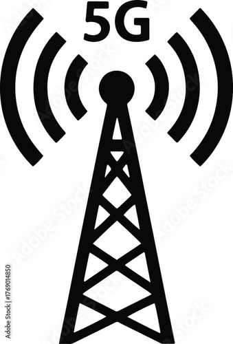 Black 5 G cell tower icon with signal waves on white background communication network