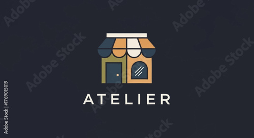 Charming Atelier Shopfront Logo Design with Striped Awning and Arched Window.