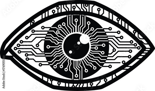 Black and white graphic of an eye with circuit board iris and pupil technology