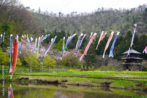鯉のぼりと三重塔（山形県まほろば古の里歴史公園）/Japanese three stories pagoda with Japanese carp-shaped streamer