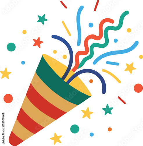 Party Popper. Exploding festive Popper with confetti. The element of celebrating a new year, birthday and any holiday. Flapper for celebration decoration design emoji. Confetti party popper