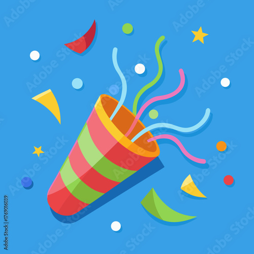 Vector illustration of a party popper exploding with colorful confetti and streamers