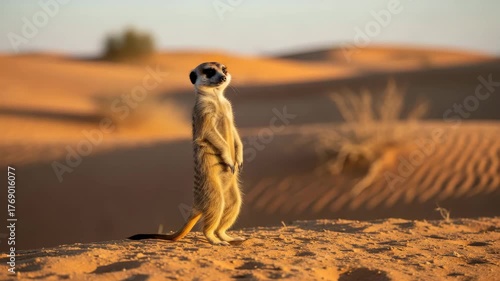 Meerkat standing alert in the desert, basking in the warm sunlight