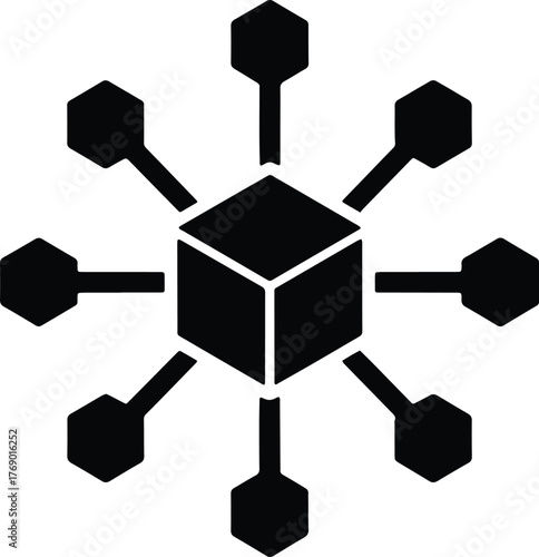 Black Cube Connected To Hexagonal Shapes Network Icon connection