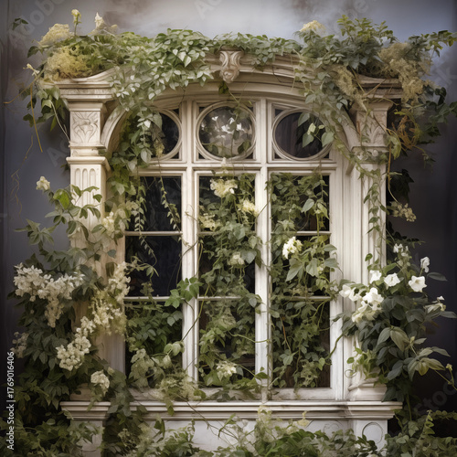 Enchanted Arch Window Overgrown with White Flowers and Lush Ivy