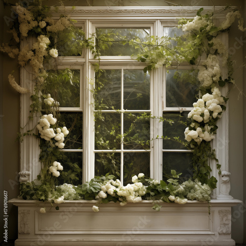 Enchanted Arch Window Overgrown with White Flowers and Lush Ivy