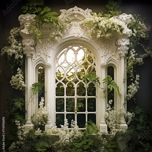 Enchanted Arch Window Overgrown with White Flowers and Lush Ivy