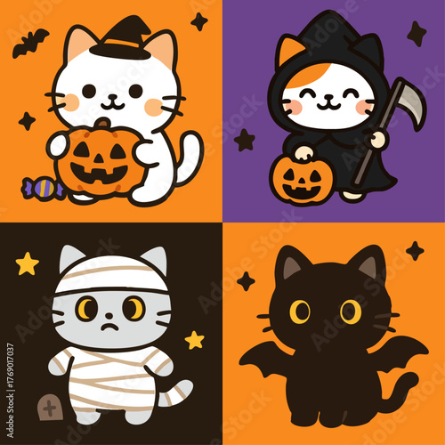 ハロウィンにゃんこ４点セット（カード・ポストカードにおすすめ） / Halloween Kitty 4-Piece Set – Perfect for Cards and Invitations