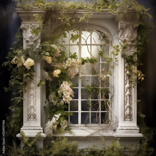 Enchanted Arch Window Overgrown with White Flowers and Lush Ivy
