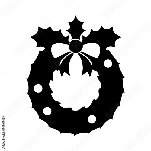 Festive wreath with bow holly berries decoration christmas silhouette vector illustration