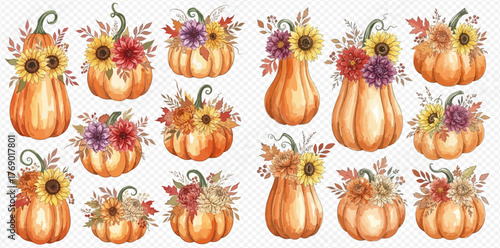 Watercolor illustration of pumpkins decorated with sunflowers and fall flowers.