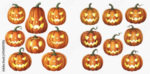 A collection of Halloween pumpkins with carved faces and glowing insides.