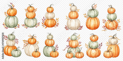 Watercolor illustration of stacked pumpkins with leaves, fall harvest decoration.