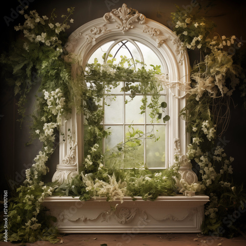 Enchanted Arch Window Overgrown with White Flowers and Lush Ivy