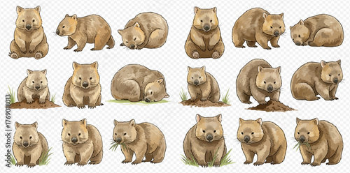 Illustrations of wombats in various poses and activities on a transparent background.