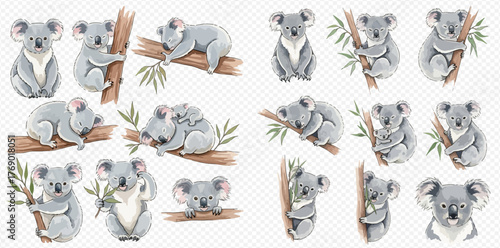 A collection of watercolor illustrations featuring adorable koalas in various poses and settings, showcasing their charm and unique characteristics.