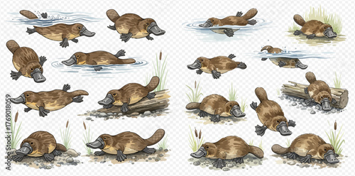 A collection of illustrations of platypuses in various poses and settings.