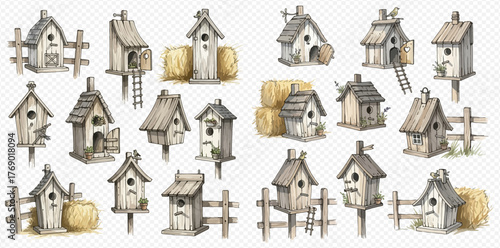 Watercolor painting of various birdhouses, each with unique designs and some with hay bales or fences.