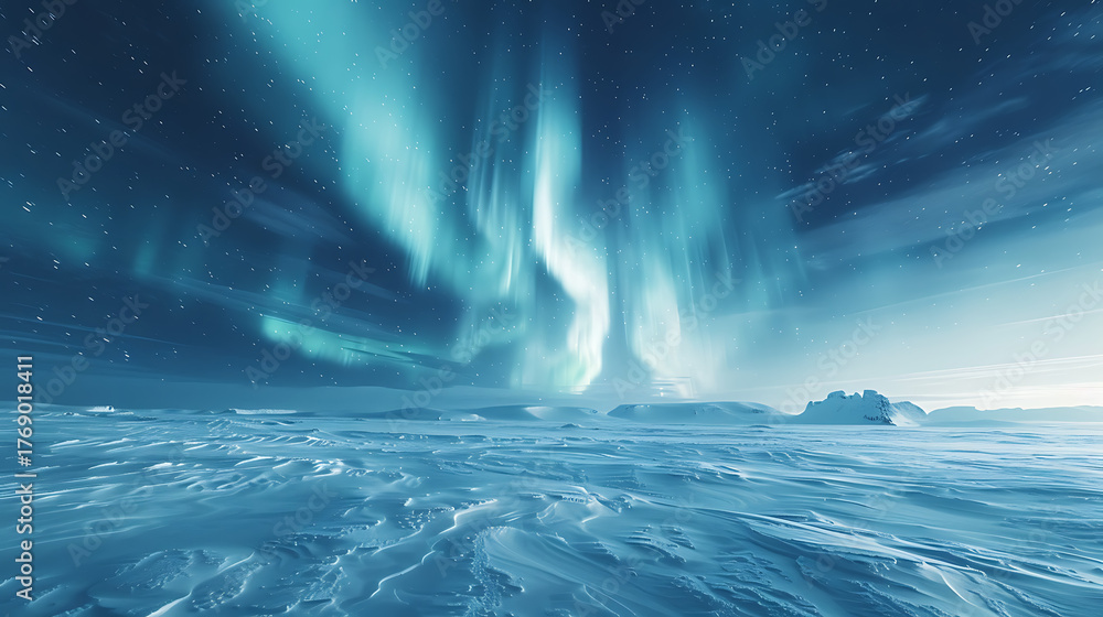Fototapeta premium Vibrant aurora borealis lights dance above a vast frozen arctic landscape