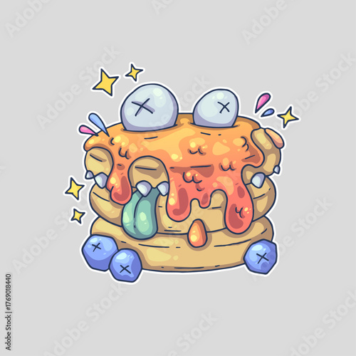 A stack of pancakes with eyes, syrup, and blueberries, resembling a monster with drool and stars around. Cartoon vector character. Trendy style. Vector illustration.