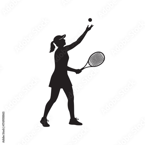 Female tennis player silhouette serving the ball. Woman athlete in service motion with a racket. Vector graphic of a sports game, isolated on a white background.
