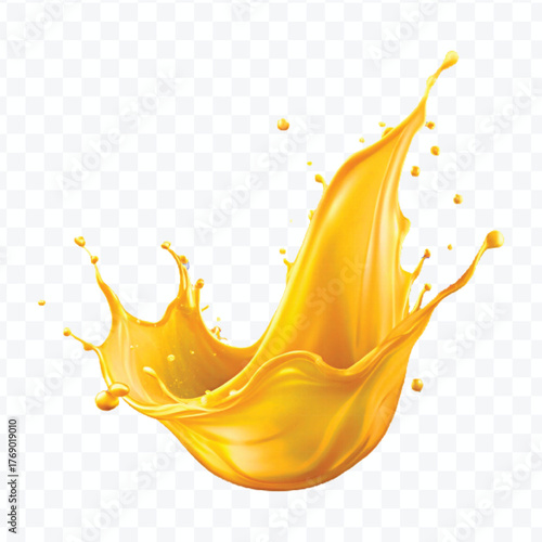 realistic falling yellow juice splash in different style isolated on a transparent background