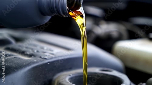 Pouring viscous, amber liquid from a dark gray bottle into a vehicle's engine compartment