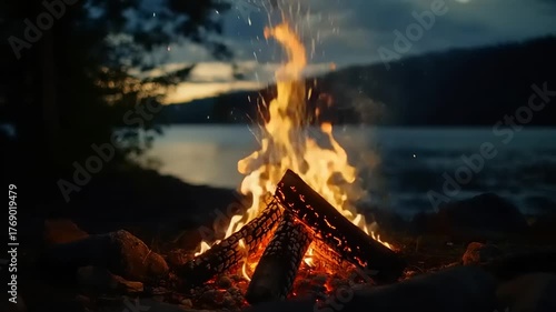 Campfire burns brightly beside a tranquil lake at dusk.