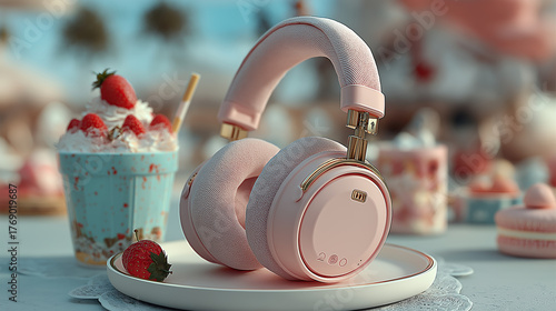 Flat lay wireless headphones placed on surface technology audio music sound device modern gadget digital lifestyle portable entertainment electronics artificial intelligence generated image