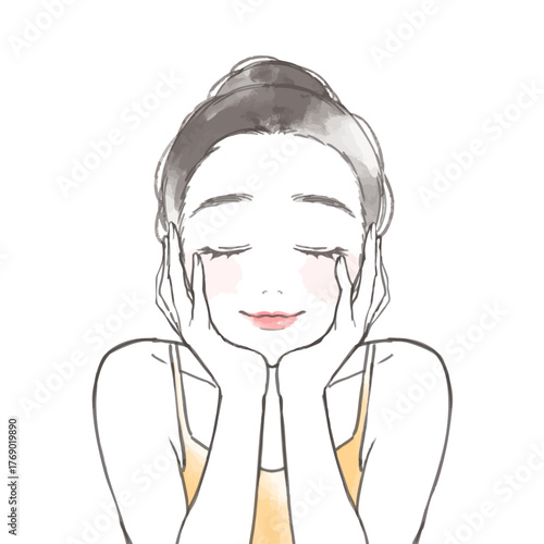 スキンケアをする女性の水彩風ベクターイラスト