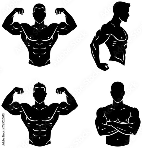 Powerful physique vector art: Strong muscular silhouette poses for fitness and gym designs