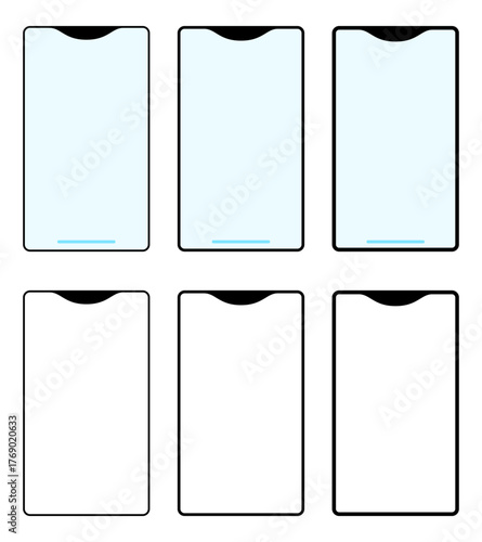 シンプルなスマホ・スマートフォンのフレーム・モックアップ・テンプレート素材　３種類の、枠・フレームの太さ　上段がスクリーン部分が薄い青い背景色・下段がノッチとフレームのみ（スクリーン部分が空白・透過）　正面　セット　ベクター／透過PNG／JPEG白背景