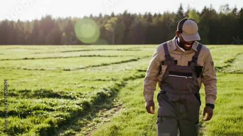 An African farmer wearing overalls and a cap, walks happily in a sunny field. Forest in background