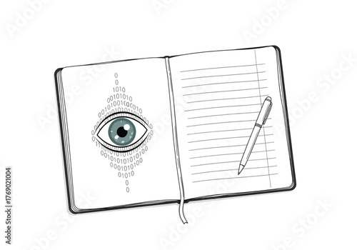 Open notebook with an eye symbol and binary code on one page and a pen on lined page.