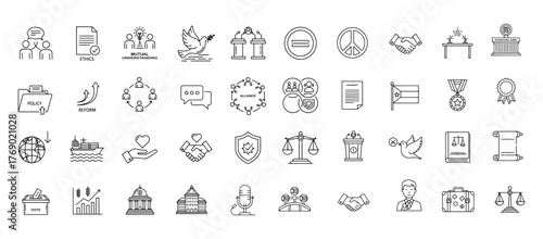 Minimalist Diplomacy Line Icons Set. Thin Linear Vector Illustrations with Editable Stroke Featuring Peace, Handshake, Negotiation, Agreement, Embassy, Voting, Economy, International Law, Global 