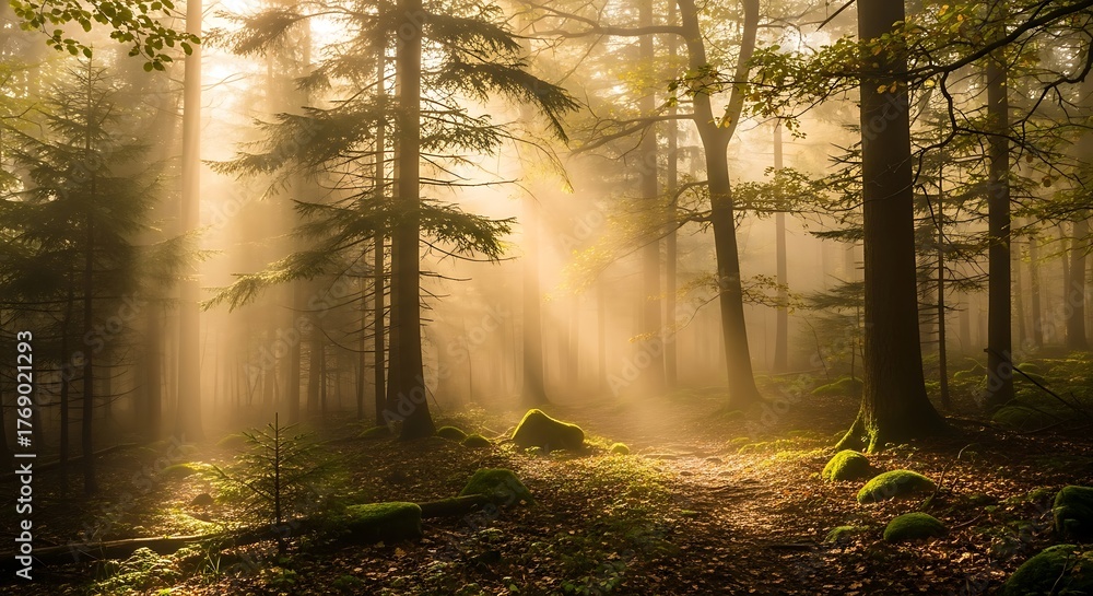Obraz premium Golden sunlight streams through a misty forest, illuminating tall trees and a mossy ground with ethereal light.