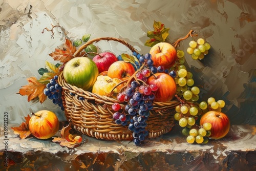 A rustic basket overflowing with an assortment of fresh fruits painting abundance grapes.