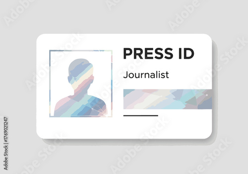 Press ID card with abstract portrait and designation "Journalist" on a white background.
